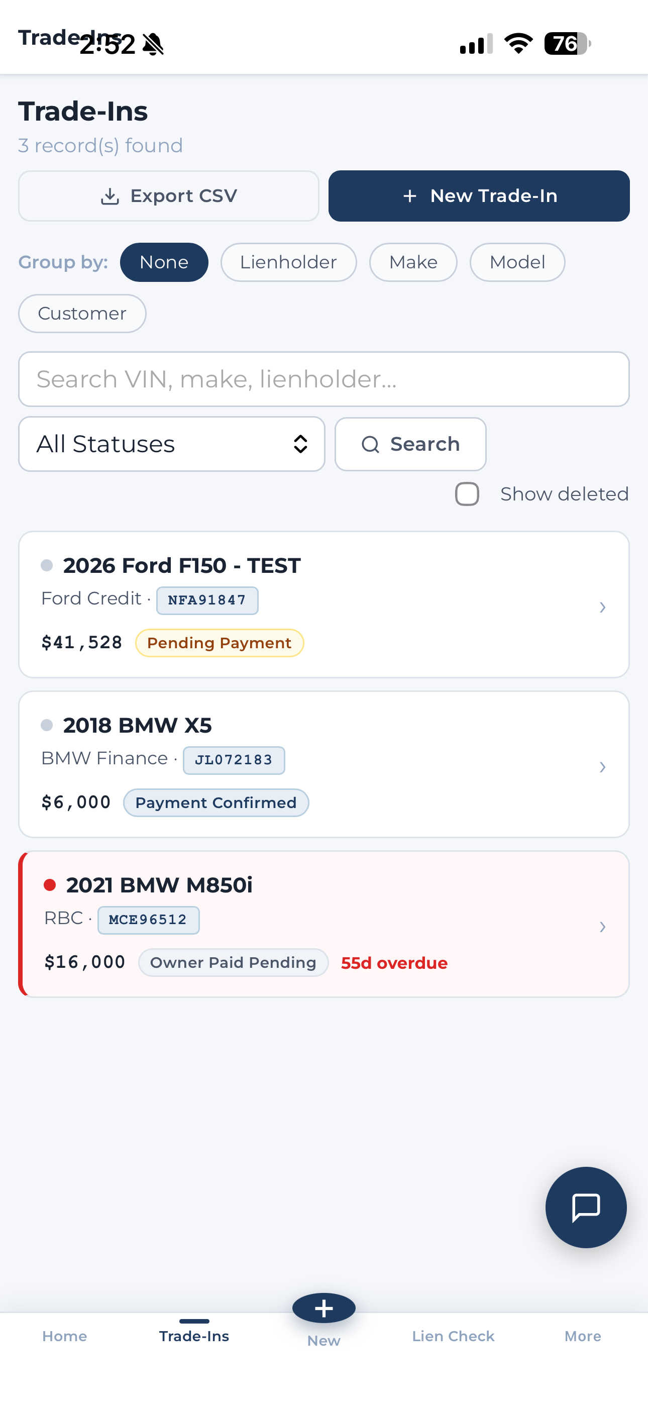 Leni mobile trade-ins list showing pending payment, payment confirmed, and overdue trade-ins with one-tap actions